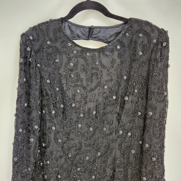 Vintage JOAN LESLIE Hollywood-Fairy-Tale Beaded Black Silk Sheath Dress Size 10. - Picture 6 of 16